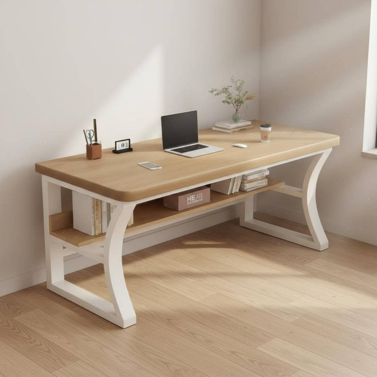 Home Office Desk Solid Oak Wooden Top Simple Writing Desk Study Table Workstation Stable Construction Functional Design Suitable for Gift Giving Home Office Gaming Study Space