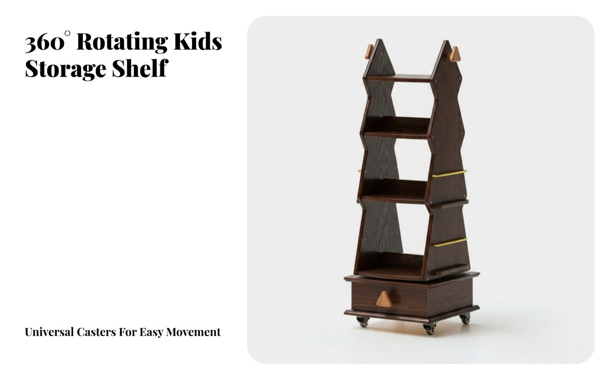360° Rotating Revolving Book Shelf Mobile Design Kids' Furniture Large Capacity Bookcase Lockable Casters for Children, Toddlers, Playroom, Nursery, Study Room, Bedroom
