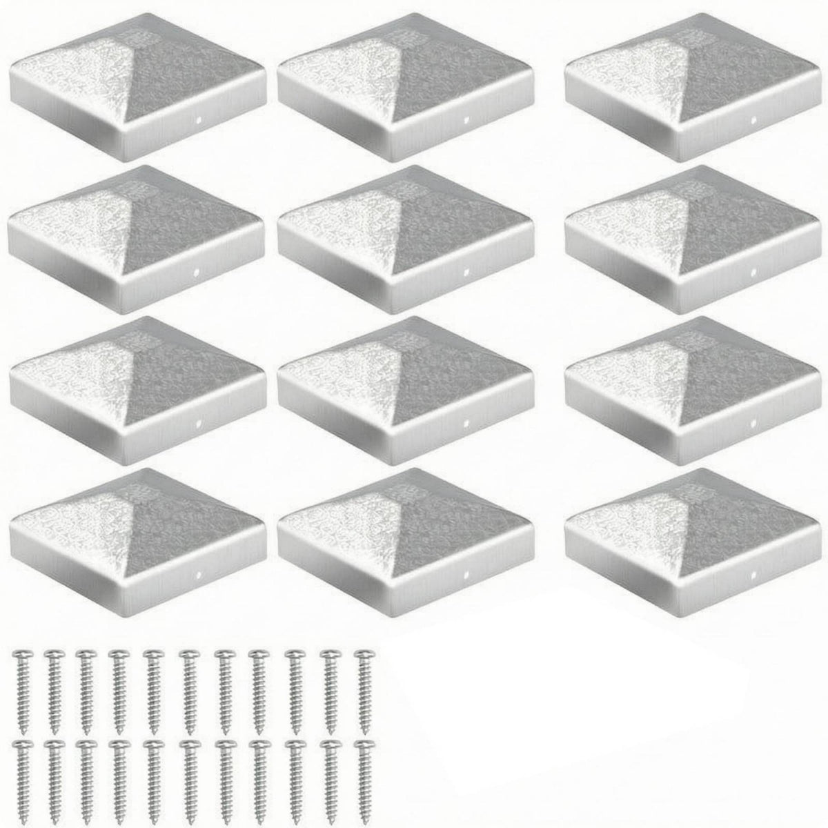 Galvanized Steel Square Fence Post Cap Deck Post Cover Fence Cap Sloped Top Faces Fence Post Topper Fence Hardware Silver Finish Screw Included Suitable for Outdoor Fence Protection Pathway Posts Porch Railings Public Spaces