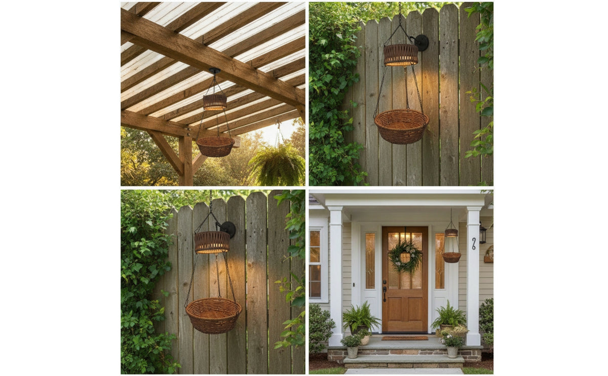 Solar Hanging Lantern Rattan-Style Hanging Solar Lantern Handwoven Basket Light with Metal Chain for Garden, Patio, Balcony