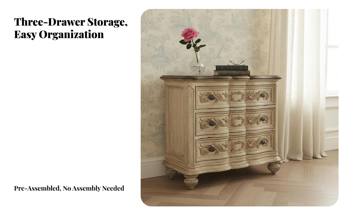 French provincial design Carved 3-Drawer Commode Distressed Finish Nightstand Ornate Carvings Bedside Cabinet Vintage Inspired for Antique Lovers, Interior Designers, Guest Room, Home Decor, Hallway, Entryway