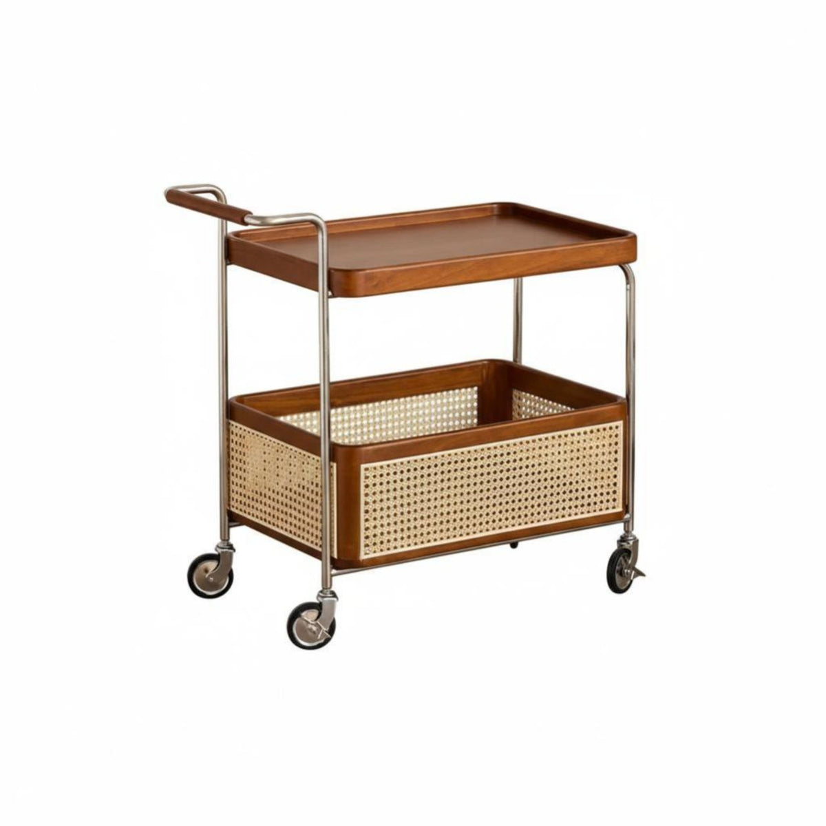 Dual-Level Rattan Trolley Vintage Aesthetic Mobile Side Table Woven Shelves Space-Saving for Hosts, Living Room, Bedroom