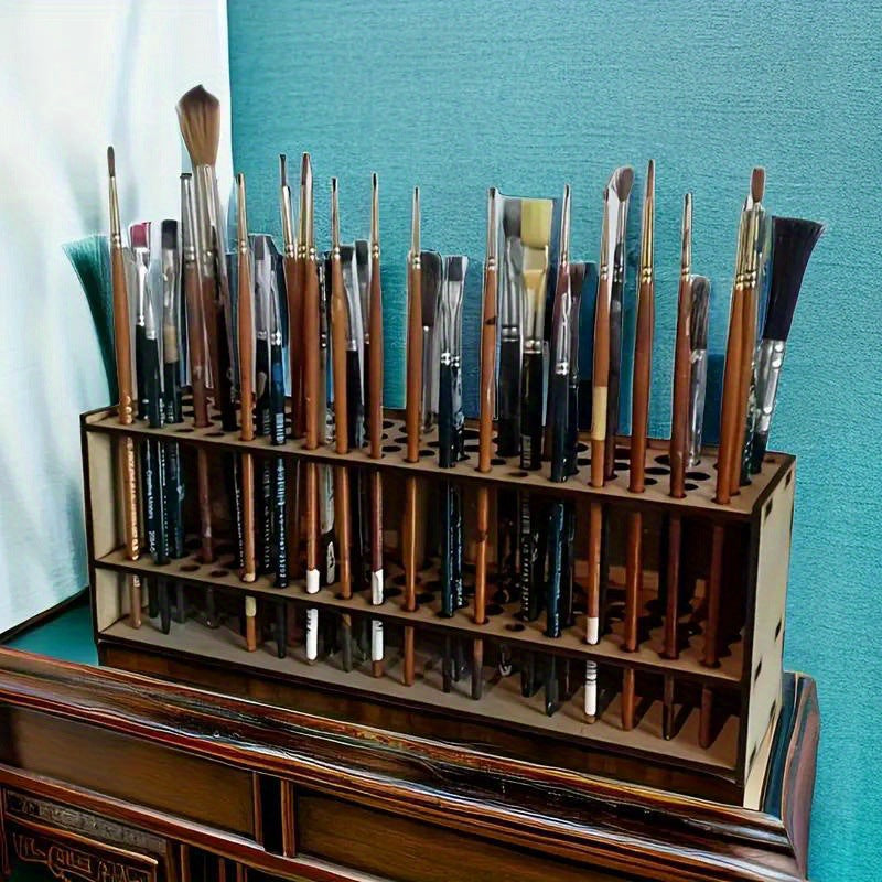 Detachable Wooden Brush Holder for 67 Brushes, Wall-Mounted