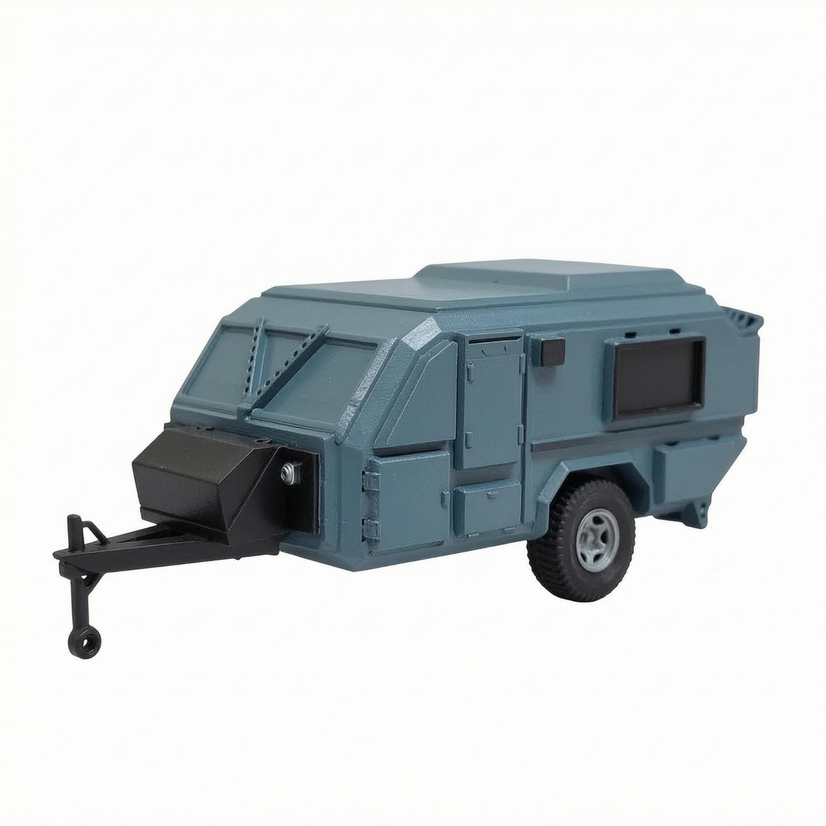 Blue-Gray Rugged-Road Travel Trailer Caravan Model Angular Body Miniature Caravan Model Single Axle Molded Panel Lines
