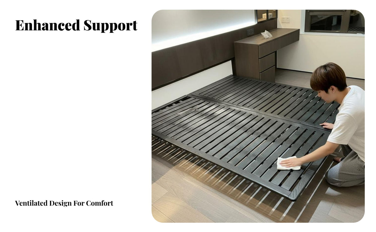 Headboard-Less Floating Bed Frame premium Wood Construction Mattress foundation Slatted Support Bedroom Furniture Minimalist design for partners, Design aficionados, Homeowners, Modern Apartment, Guest Room