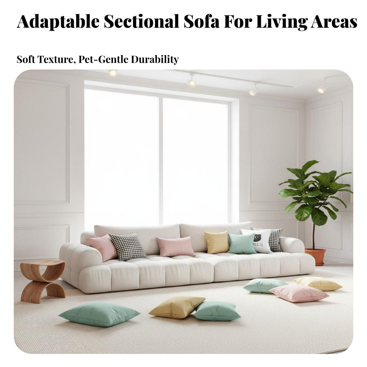 Piano Key Tufted Sofa Soft Cushions Nordic Design Couch Firm-Density Foam Cream Textile Couch for Design Enthusiasts, Apartment Dwellers, Lounge Area