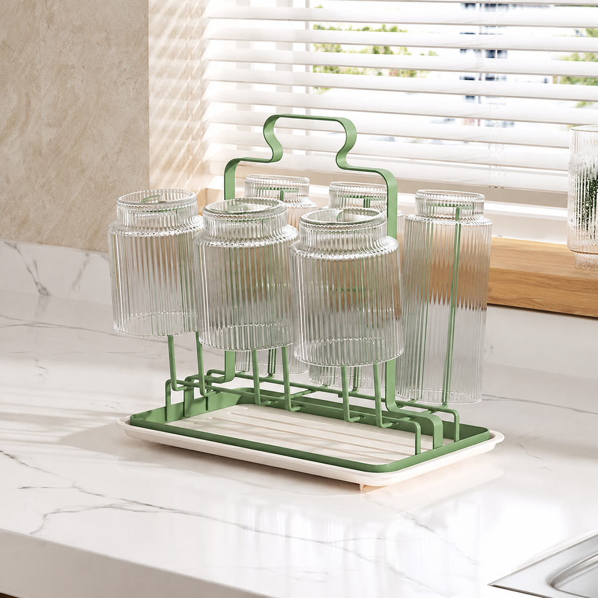 Jade Iron Dish Drainer Rack, 19.2cm Countertop Dish Drying Rack with Drip Tray, Modern 6 Cup Draining Board Rack for Washing Up