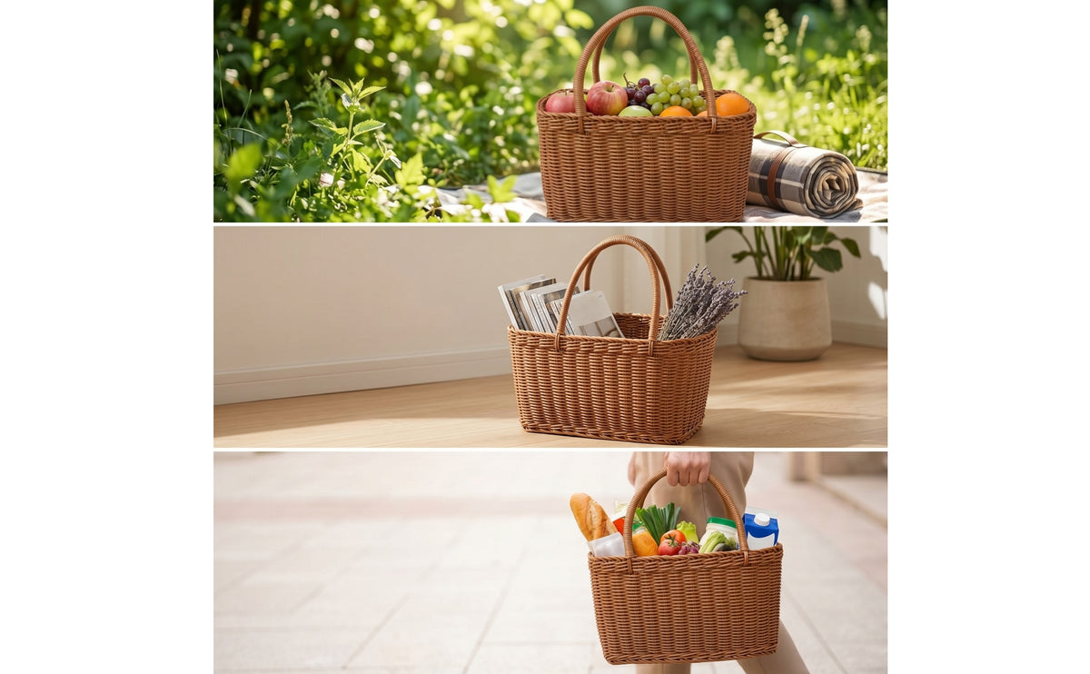 Rectangular Wicker Basket Open-Top Rattan Basket with Handle Structured Multi-Purpose for Shoppers, Picnic, Home Storage