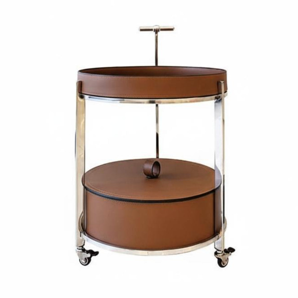 2-Tier Serving Trolley Saddle Leather Finish Rolling Trolley Easy to Move Mobile Design for Entertainers, Bedroom, Kitchen