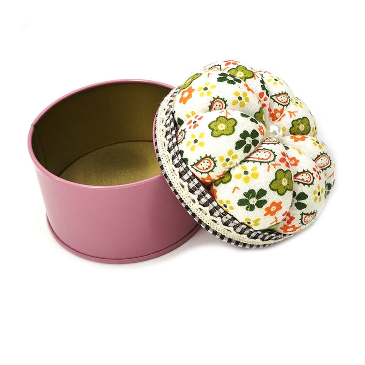 Pumpkin Pin Cushion Storage Box Handmade Crafting Tool Textile Top Sewing Tin