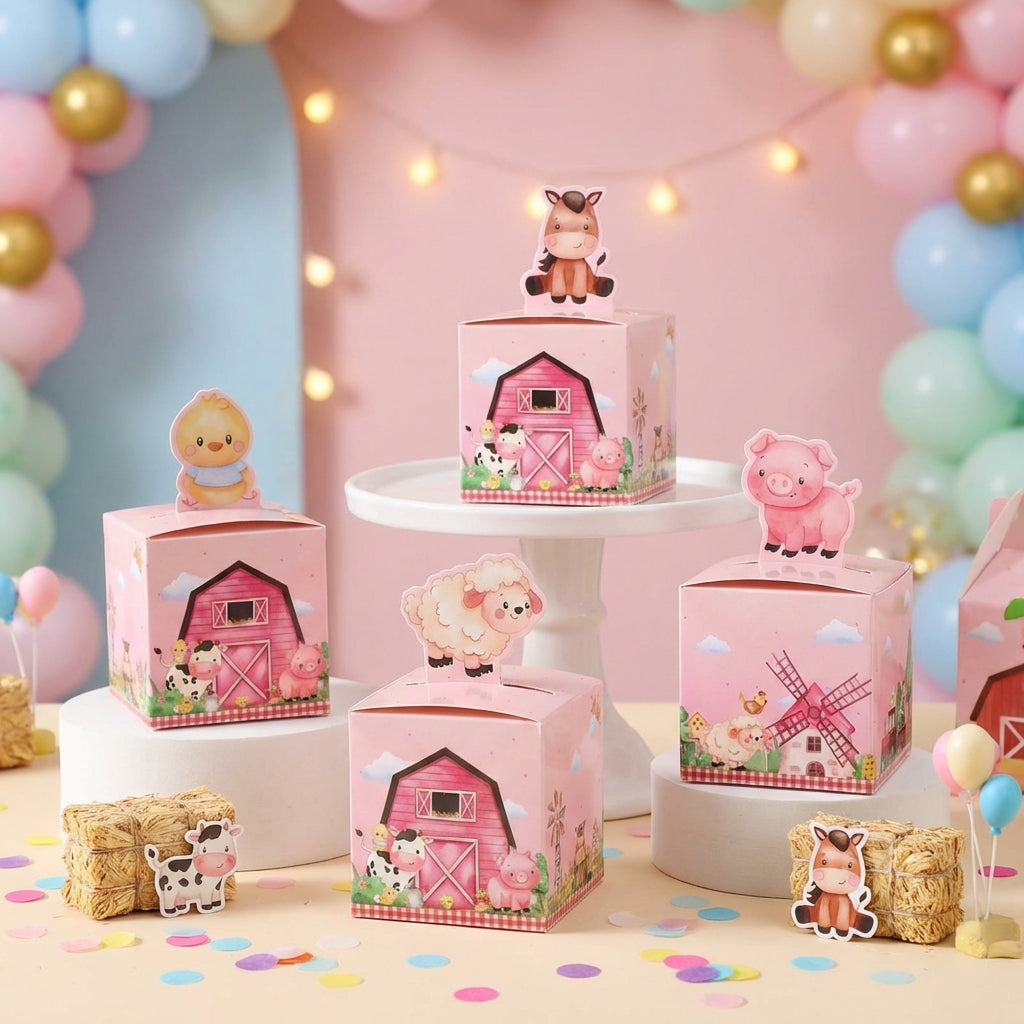 24 Pieces Farm Animal Party Boxes, Pink Barnyard Treat Boxes, Pop-Up Paper Favour Containers, Cute Sweet Goodie Bags for Kids Birthday, Baby Shower & Easter Celebrations