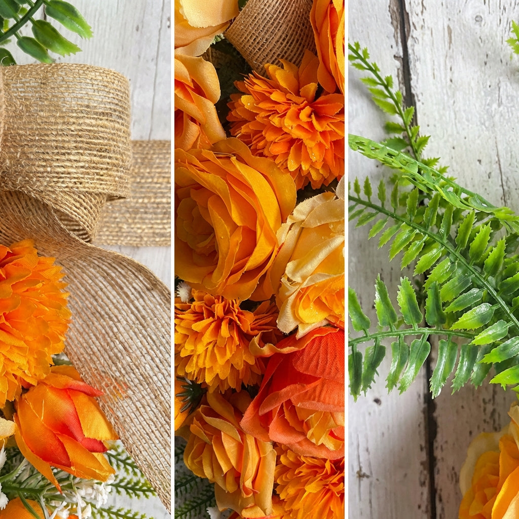 Artificial Easter Carrot Wreath, Orange Floral Door Hanging Decoration with Rustic Hessian Bow, Spring Teardrop Swag for Front Door, Porch and Wall Decor