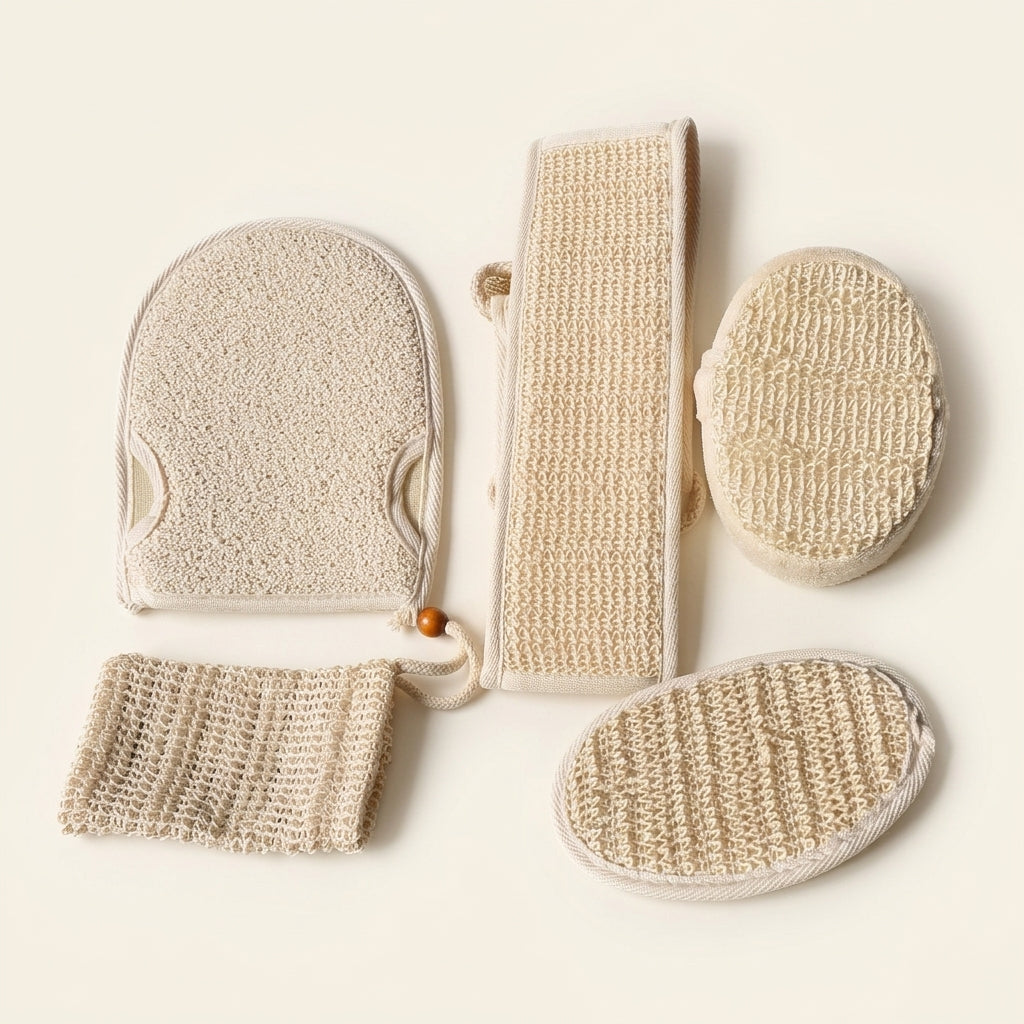 Exfoliating Shower Towel for Adults, Linen Bath Scrubber Set with Textured Surface, Body Mitt for and Cleansing