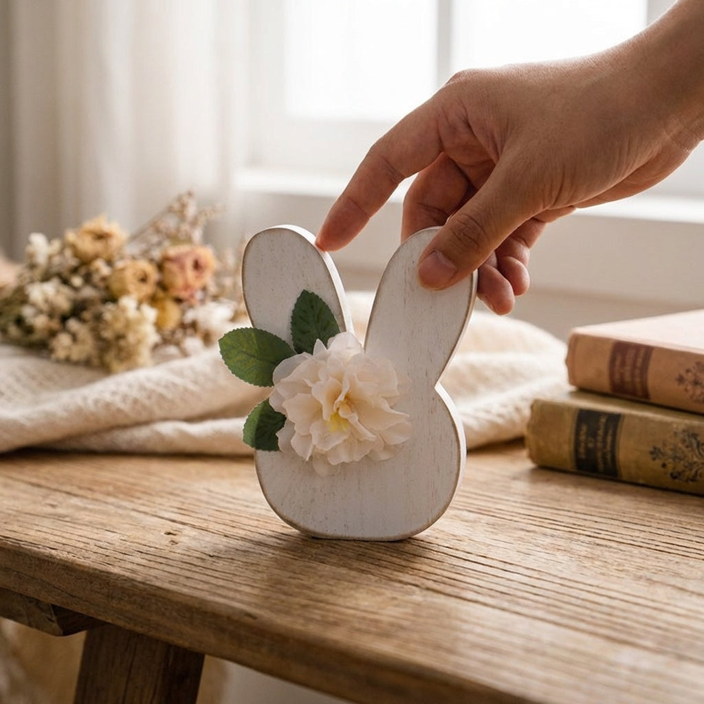Easter Bunny Table Decoration Rabbit Figurine Artisanal Wooden Easter Decor for Families, Mantle