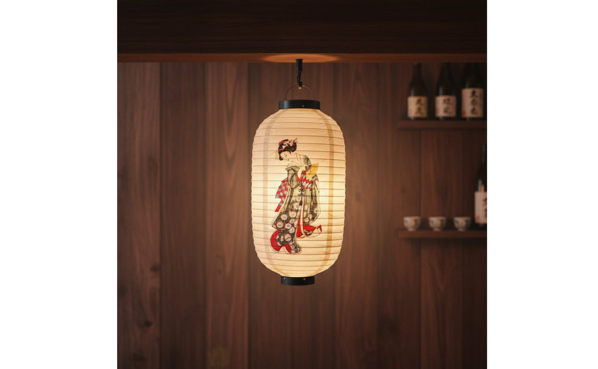 Japanese-Style Paper Lantern with Illustration Ribbed Lantern Light Shade Decorative Pendant Light Shade with Support Frame Handmade for Sushi Establishments, Izakaya, Restaurants, Dining Rooms
