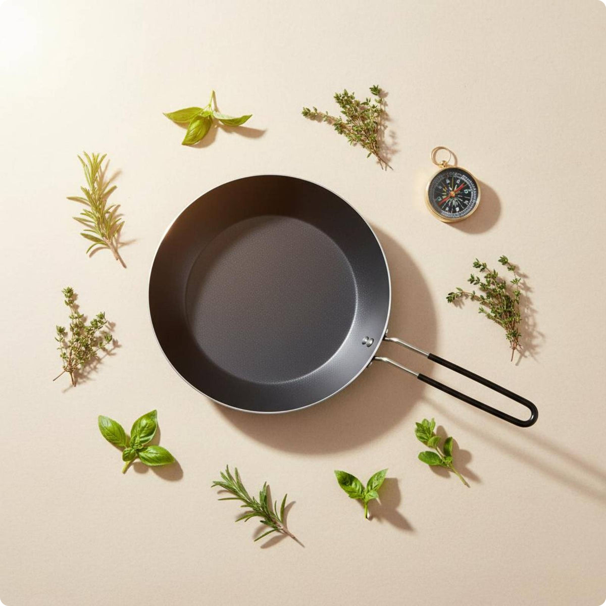 Portable Camping Frying Pan Black Interior Flat-Bottom Frying Pan Metal Exterior Outdoor Cooking Gear