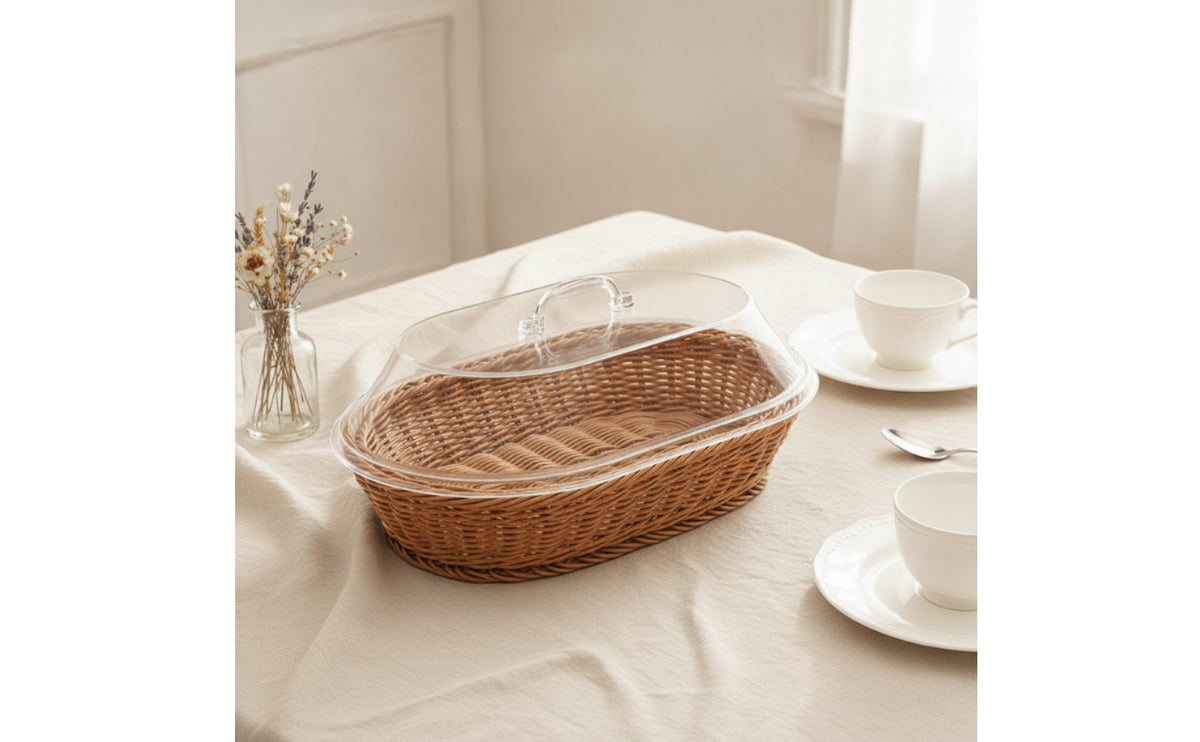 Woven Food Basket with Acrylic Dome Shallow Bread Basket with Acrylic Lid Countertop for Kitchen Counter
