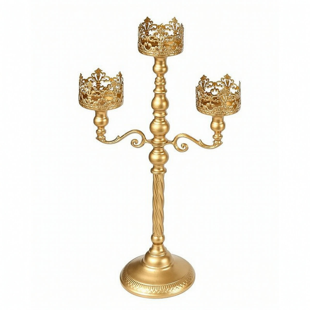 Gold-Finished Candelabra with Three Arms Twisted-Stem 3-Arm Candelabra Ornate Candlestick with Three Cups Elegant for Weddings