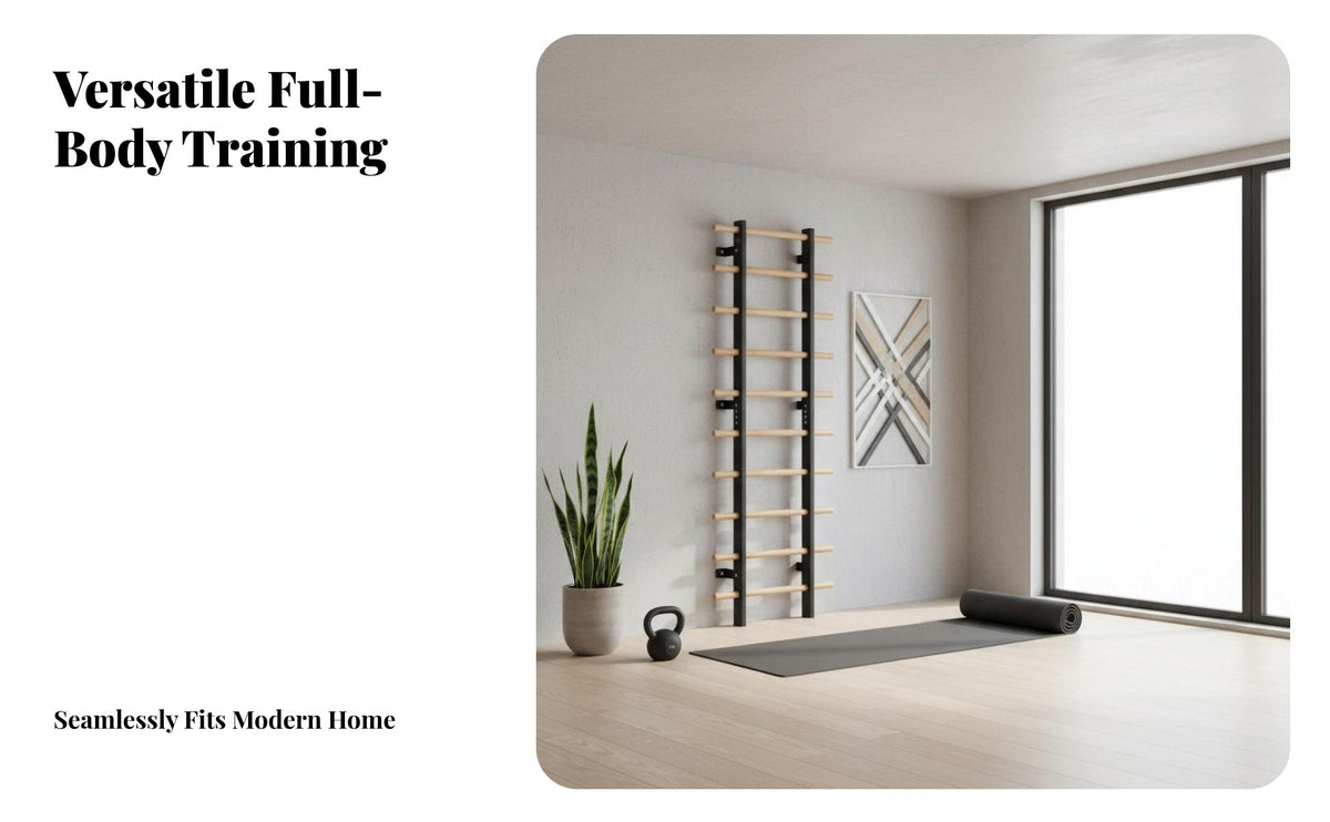 Multi-Functional Wall Mounted Swedish Ladder Multifunctional Beech Wood Rib Frame Full-Body Training Swedish Ladder Adjustable for Athletes, Families, Office Workers, Indoor, Living Room, Garage, Basement