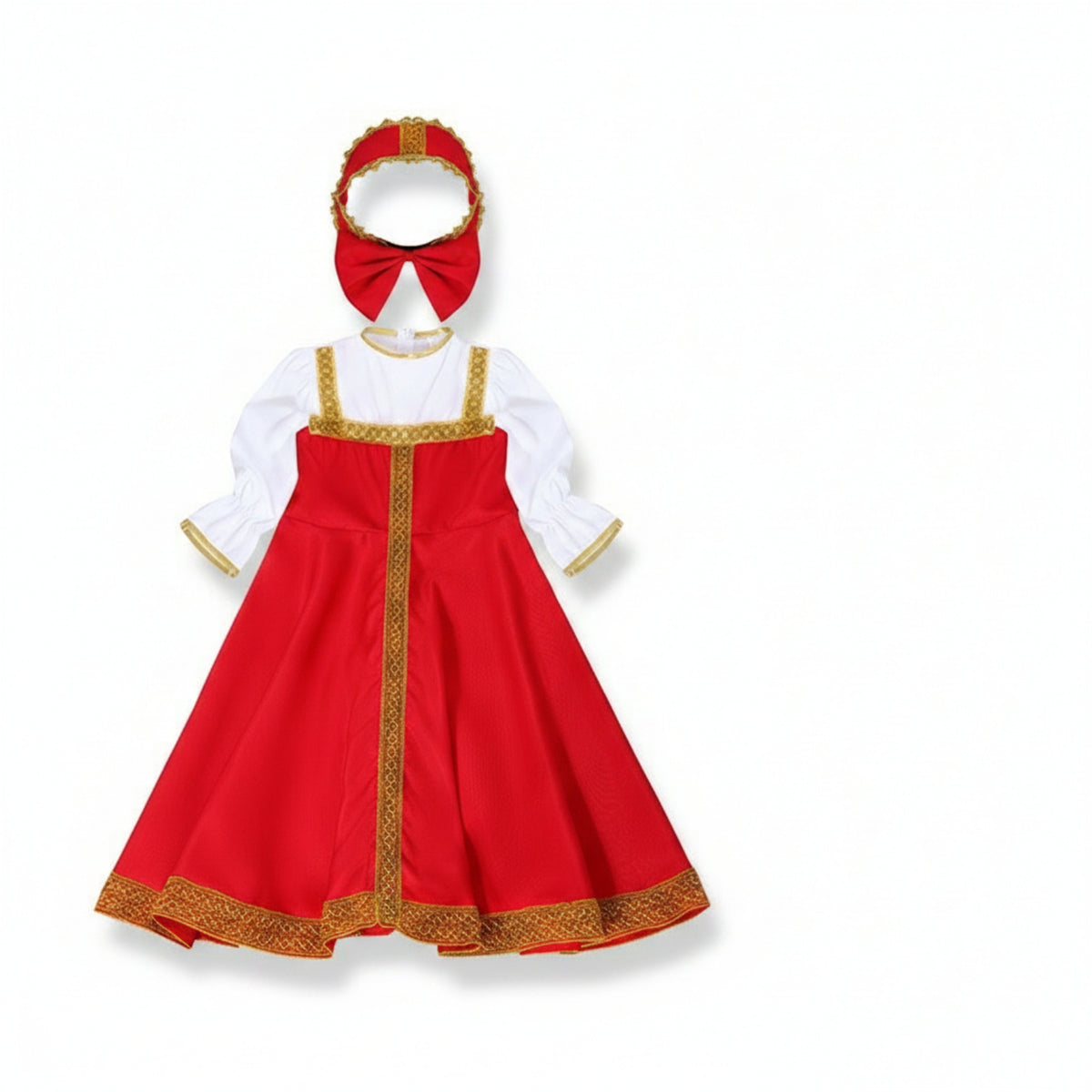 Red Folk Costume Dress Gold Trim Costume Dress with Headpiece Long Sleeve