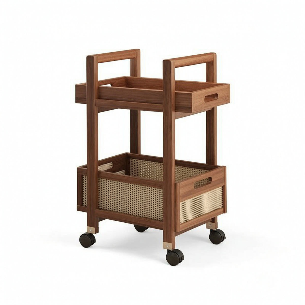 Rolling Cart with Rattan Basket Wood-Toned End Table with Wheels Sturdy