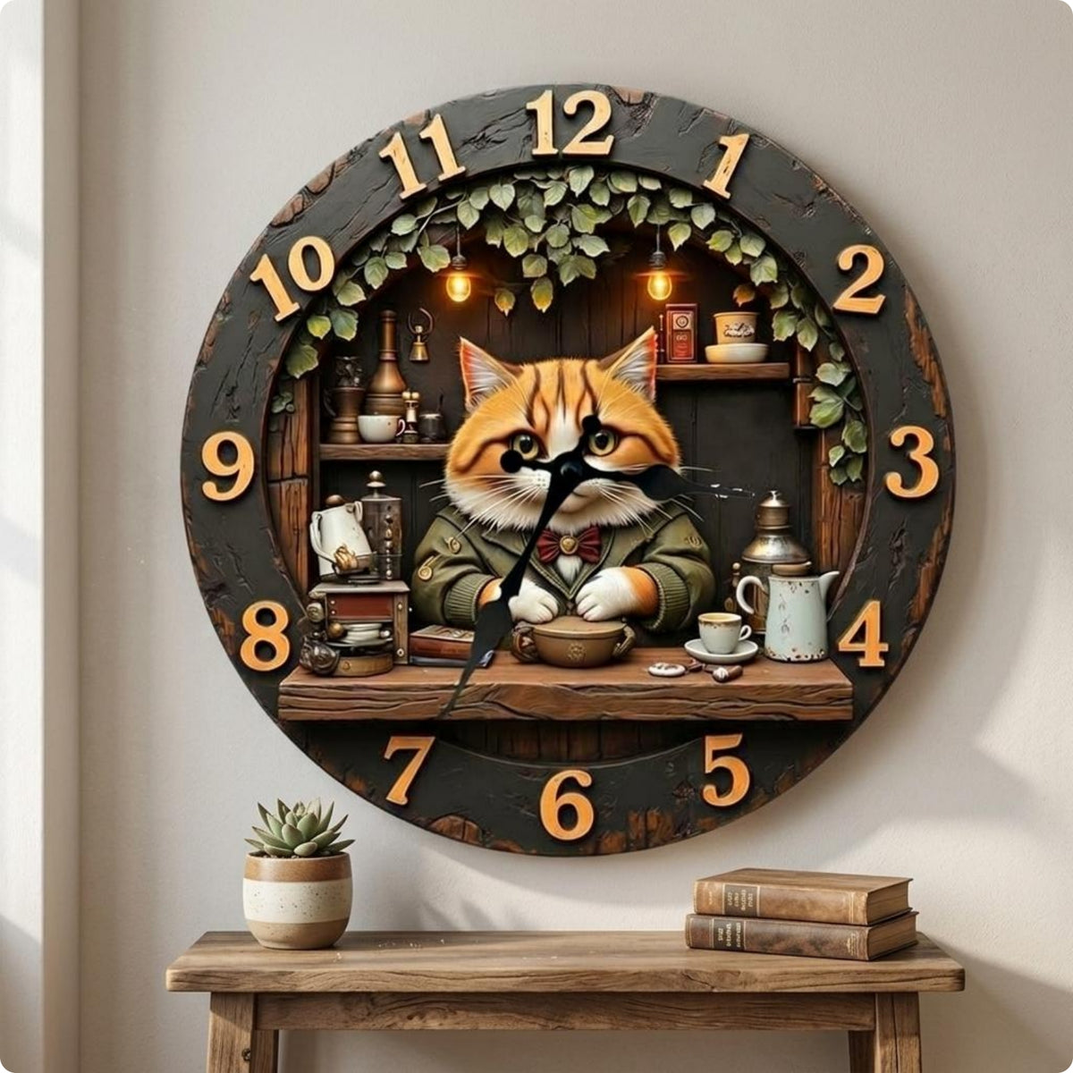 Feline Wall Timepiece Gold Numerals Retro Feline Timepiece Analog Three-Hand