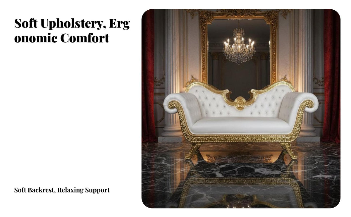 European design Chaise Lounge Ornately Carved Frame Ornate Chaise Lounge Luxury Design Daybed Upholstered Seat for Interior Designers, Event Planners, Living Room, Photo Studio, Hotel Lobby, Wedding location