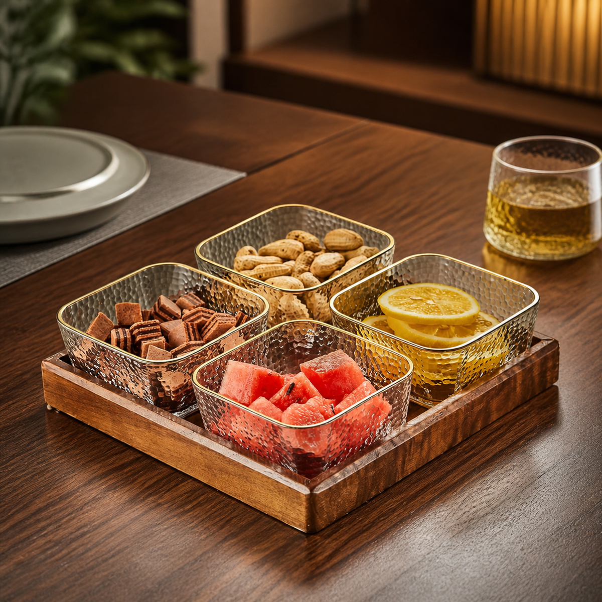 Luxury Retro Divided Serving Tray, Wood Glass Snack Tray with 4 Compartments, Gold Trim, Party Tray, Brunch Fruit Platter