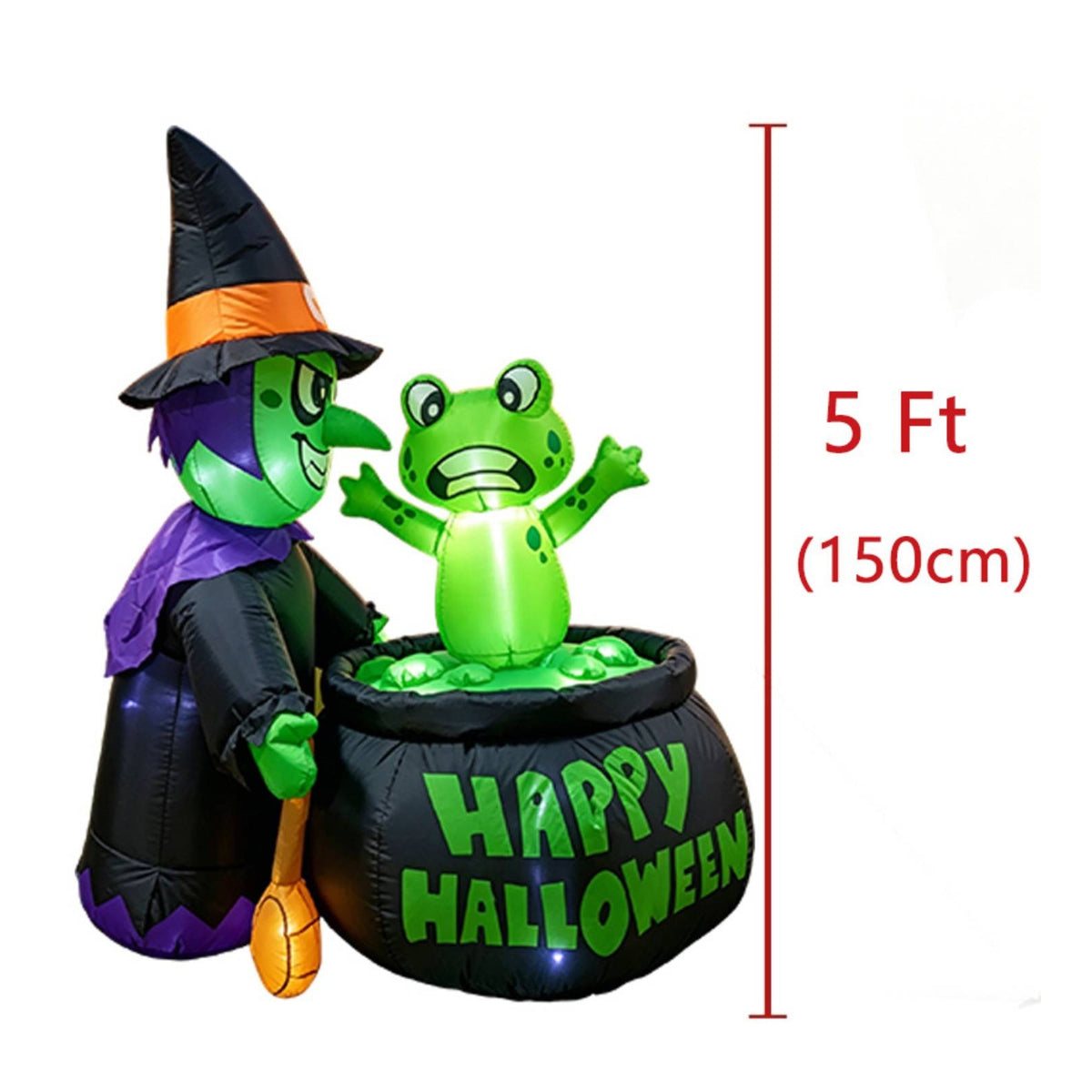 Green Inflatable Witch with Frog Bright Witch Inflatable with Pot Spooky Yard Inflatable Decoration Scary for Lawn