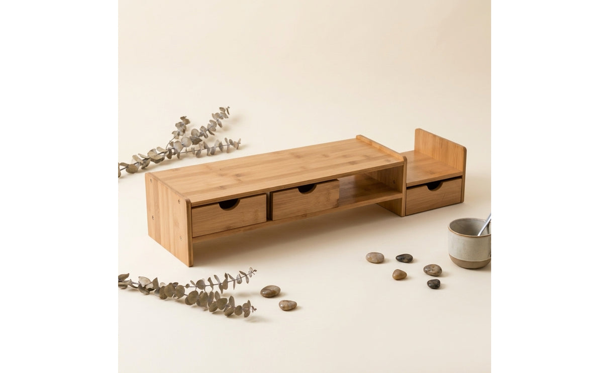 Bamboo Monitor Stand Storage Bamboo Monitor Riser Desk Organizer with Drawer for Office Workers, Students