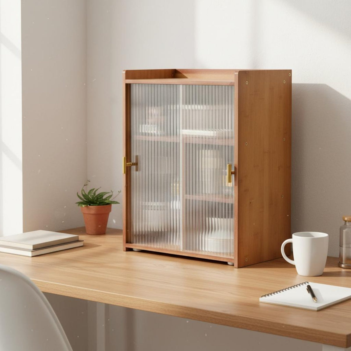 Dustproof Desktop Bookshelf with Glass Doors Multi-Functional Countertop Bookshelf with Doors Easy Assembly Fluted Glass Storage Cabinet Raised Top Rim for Students, Office Workers, Living Room, Bedroom