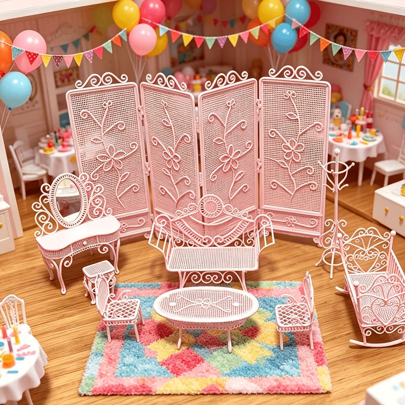 1:12 Dollhouse Miniature Iron Table and Chair Set with Screen, 6 Pieces, Micro Scene Photography Props