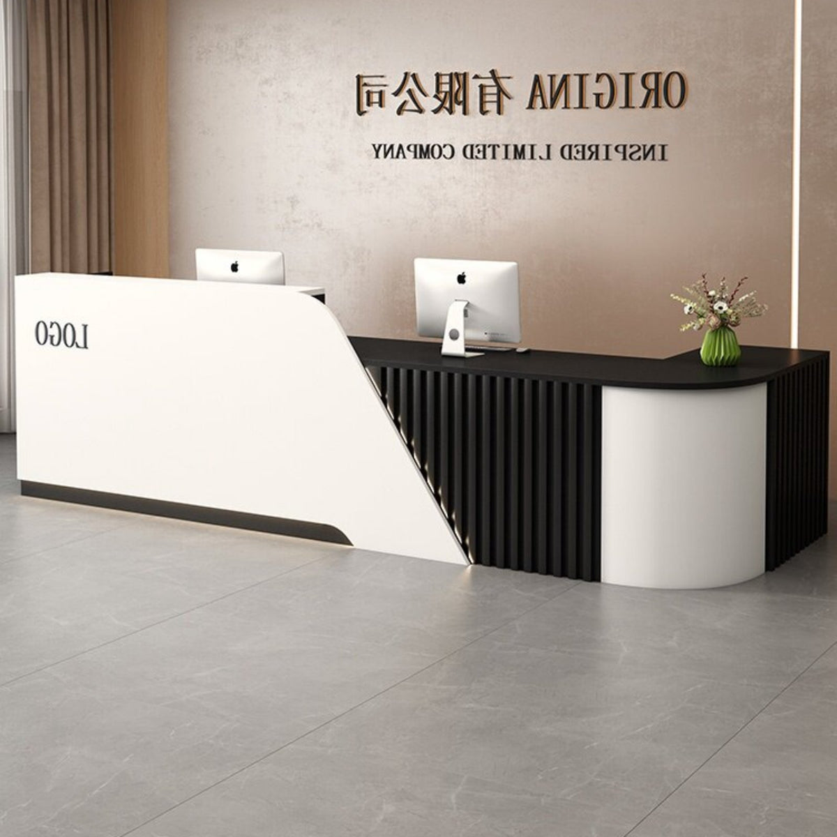 L-shaped Front Desk Spacious Storage Reception Desk Counter Privacy Baffle Lockable Drawers Sturdy Construction Suitable for Receptionists Salon Owners Clothing Store Professional Office Environments