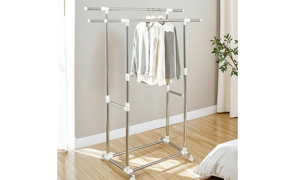 Adjustable Clothes Rack with Wheels Freestanding Double Rod Clothes Rack Long-Lasting Furniture Heavy Duty for Indoor