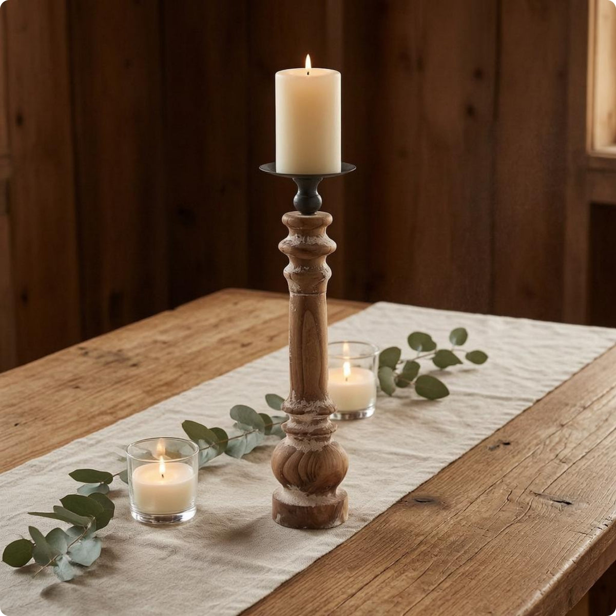 Wood Pillar Candle Stand Distressed Finish Rustic Wooden Candle Holder Vintage Wooden Candlestick Black Metal