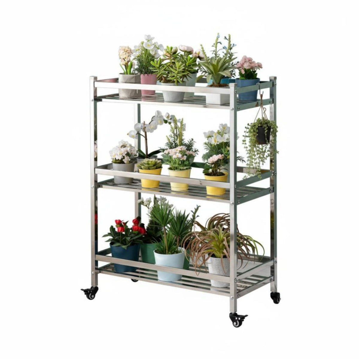 Multi-Level Pot Stand Floor-Standing Rolling Flower Pot Display With casters High Capacity for Balcony