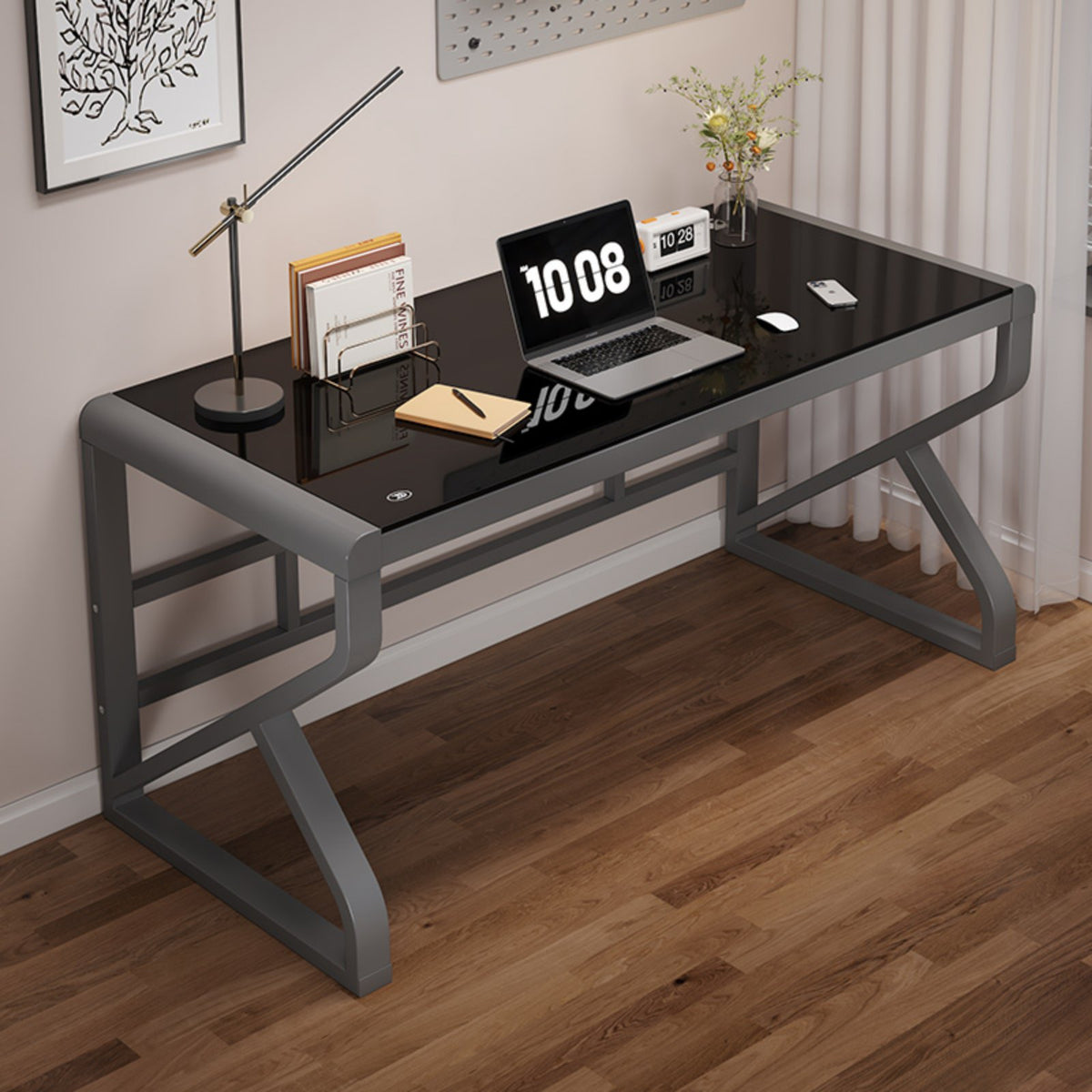 Reinforced Glass Computer Desk Wide Tabletop Metal Frame Office Desk Easy to Clean Modern Glass Top Workstation for Users, Adults, Study Room, Bedroom