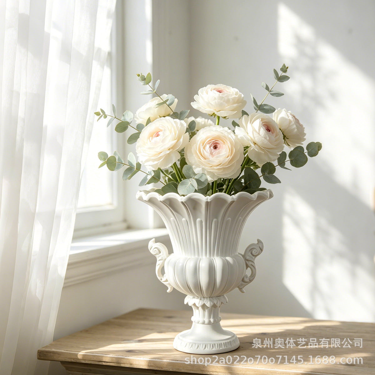 European Vintage Roman Column Vase White Relief Double Ear Tall Foot Resin Wedding Flower Arrangement Ornament