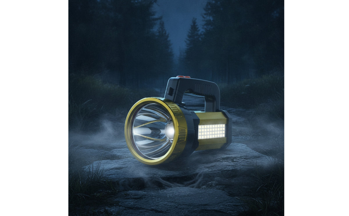 Portable Led Searchlight with Usb Output Large Capacity Rechargeable Flashlight with Handle Heavy-Duty Handheld Flashlight with Side Light High Lumen for Campers, Homeowners, Camping, Emergencies, Power Outages, Outdoor