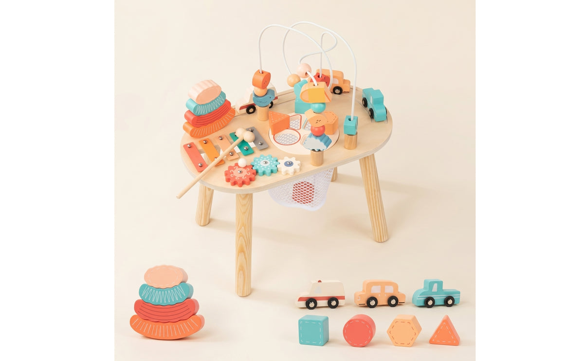 Wooden Activity Table with Bead Multifunction Sensory Table with Xylophone Educational Child Centered Learning Toy for Young Children, Playroom