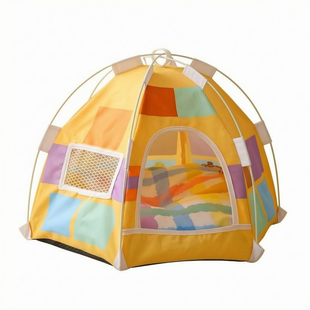 Soft Textile Hexagonal Pet Tent Bed Arched Opening Foldable Pet Tent Mesh Window Animal Furniture Cushioned Mat