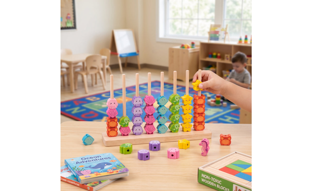 Aquatic-Themed Bead Matching Toy | Educational, Wooden Peg Board Bead Game, for Playroom