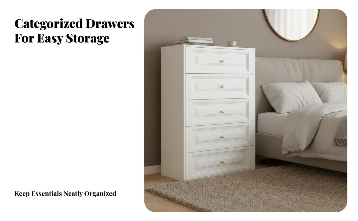 Light Luxury Design 5-Drawer Steel dresser Floor-Standing Storage Cabinet effortlessGliding Drawers Household Furniture Easy to Clean for Apartment Dwellers, Office Workers, Bedroom, Living Room, End of Bed, Hallway