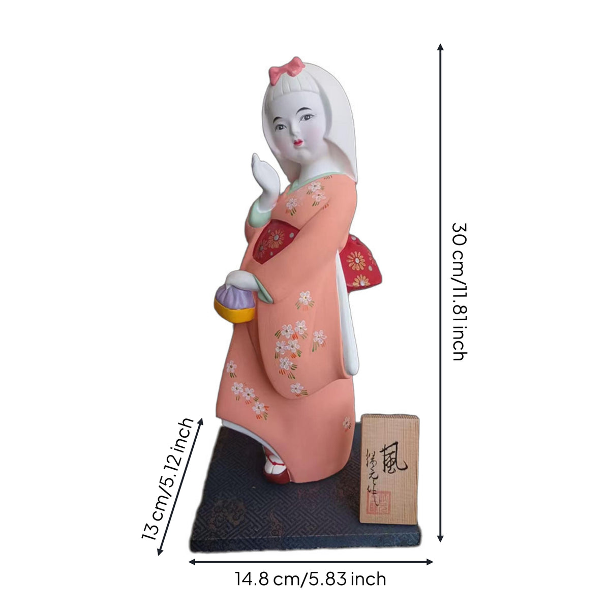 Plaster Geisha Figurine Painted Floral Kimono Doll Woven Texture