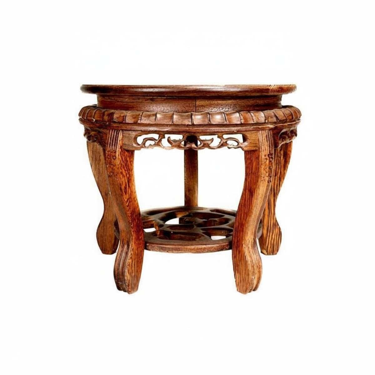 Antique Look Carved Wooden Tray Stand Heavy Duty Round Wood Stand Wooden Display Riser for Living Room, Garden