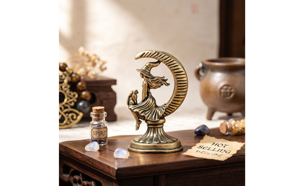 Brass-Toned Witch with Cat Figurine Halloween Witch Figurine Miniature Shelf Decor Antique for Witchcraft Enthusiasts, Collectors, Desk, Bookshelf, Bedside Table