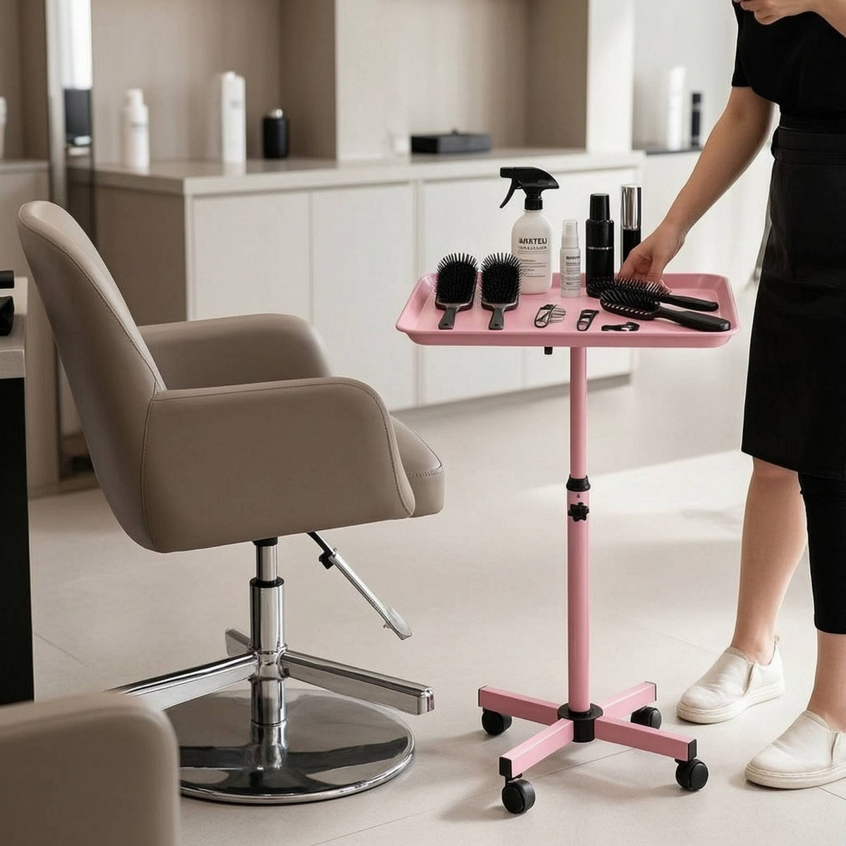 Salon Tray Cart Mobile Height-Adjustable Salon Tray Low-Profile Trolley for Hair Stylists, Permanent Makeup Artists, Salons, Beauty Parlors