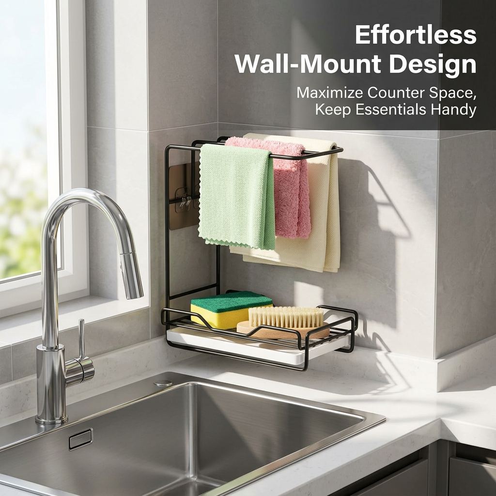 Kitchen Sink Storage Organiser, Sponge Holder for Kitchen Sink, Sink Tidy Organiser, Carbon Steel Sink Accessory Holder, Kitchen Storage Sponge Holder