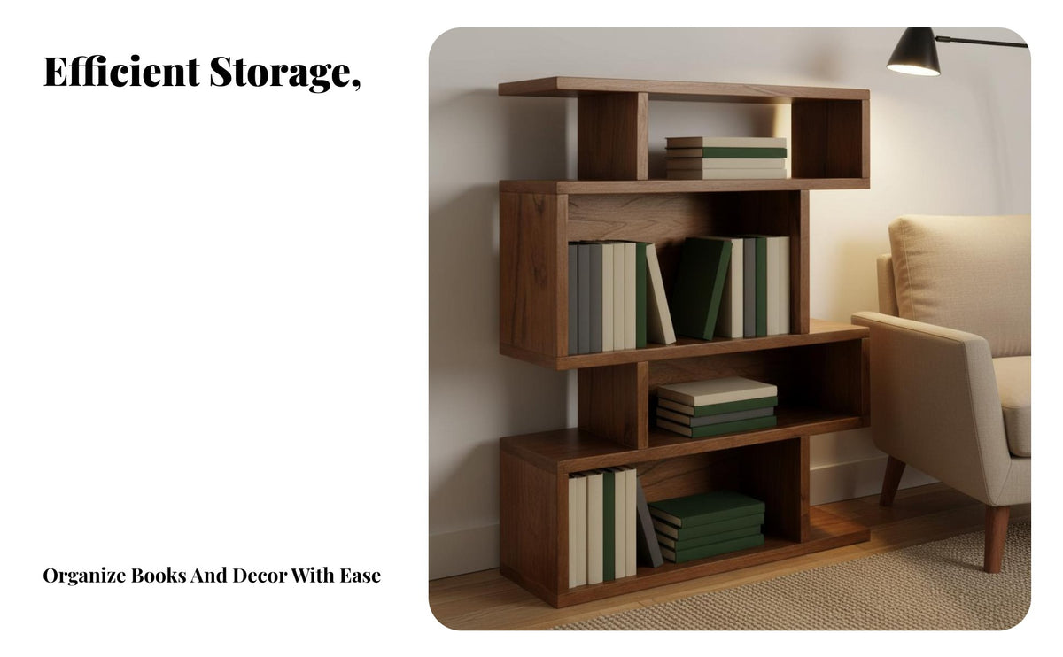 Modern Minimalist Design Multi-Tier Display Shelf Space-Saving upright Form Staggered Shelf Tower Large Capacity shelving unit Rounded Corners for Book Lovers, Homeowners, Apartment Dwellers, Living Room, Entrymanner, Bedroom