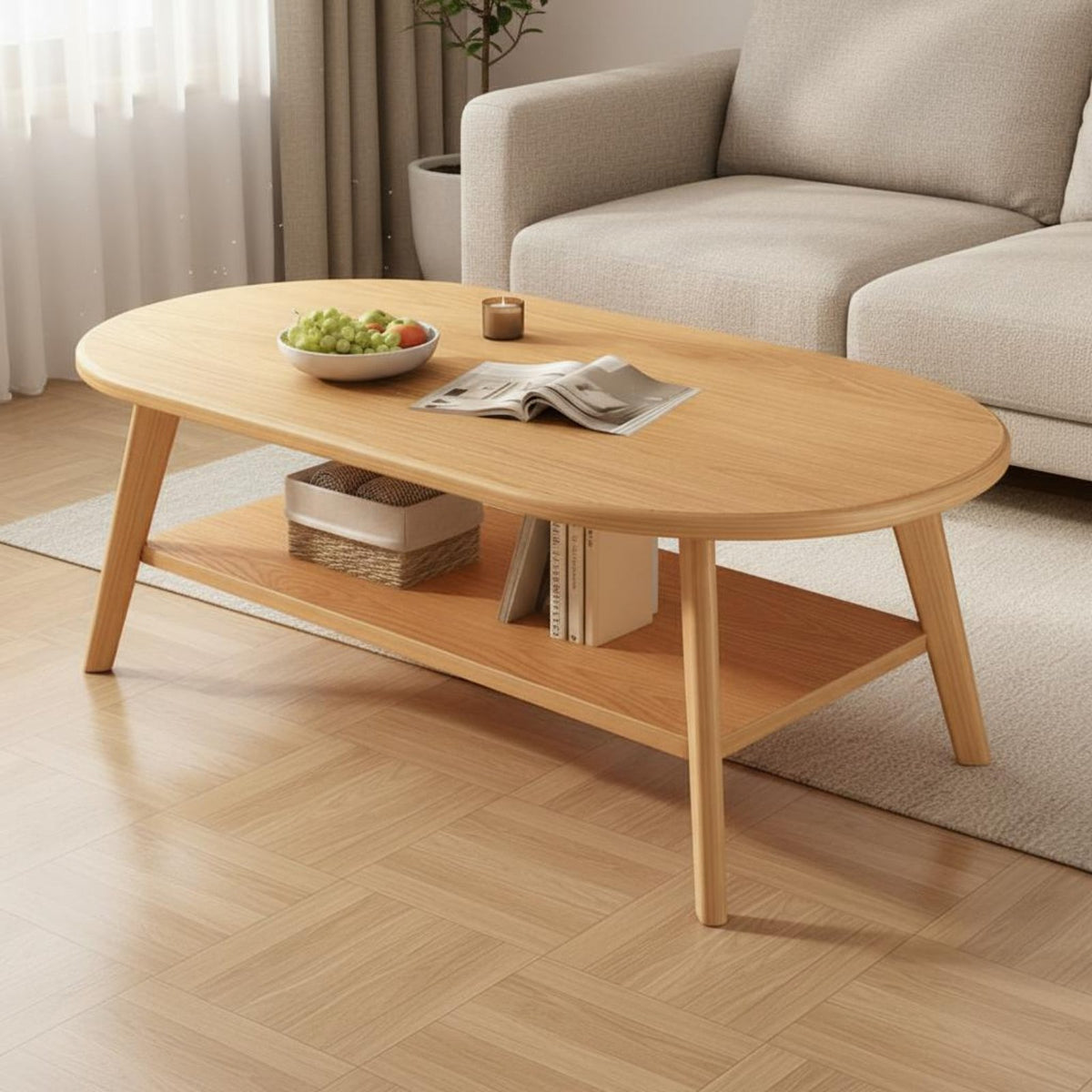 Two-Tier Wooden Tea Table Rounded Corners Mid-Period Modern Coffee Table Heavy Duty Living Room Furniture for Reception Area